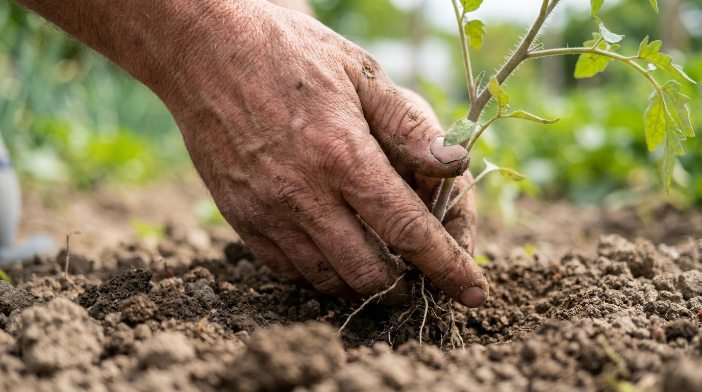 « Pose ça et oublie ton tuyau » : un maraîcher m’a montré ce qu’il étale au pied de ses tomates fin avril, et je n’ai presque plus arrosé de l’été
