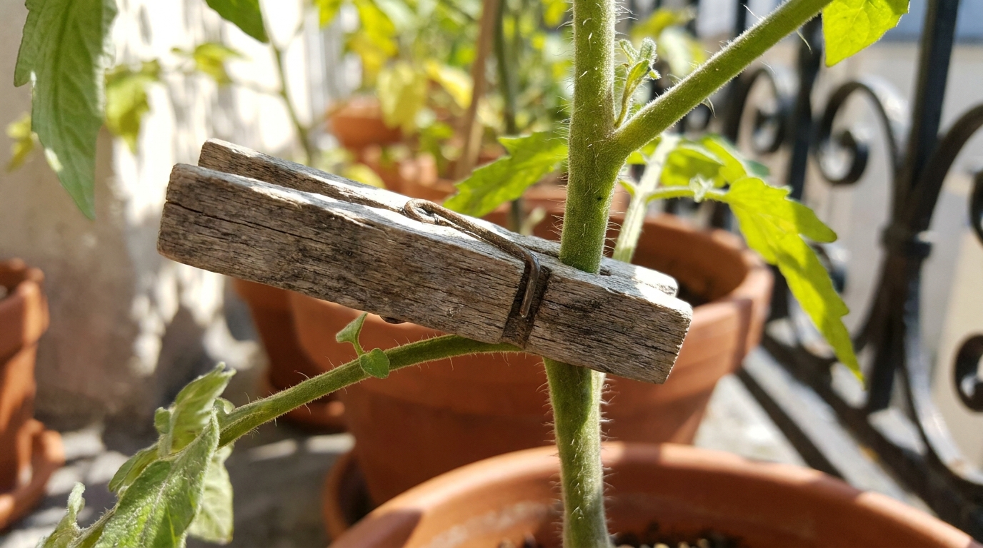 Mes tomates en pot grillaient à vue d’œil : l’idée saugrenue de clipser cet accessoire à linge sur la tige les a rendues invincibles face à la chaleur de juin