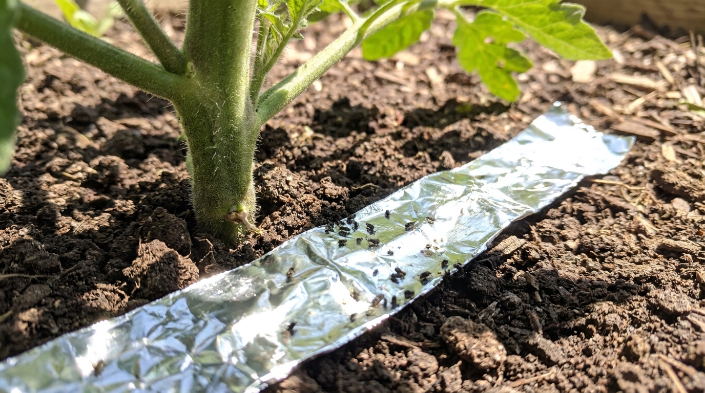 Mes tomates suffoquaient sous le soleil de juin : j’ai installé cet étrange tapis étincelant sur la terre et la réaction brutale des pucerons est à peine croyable