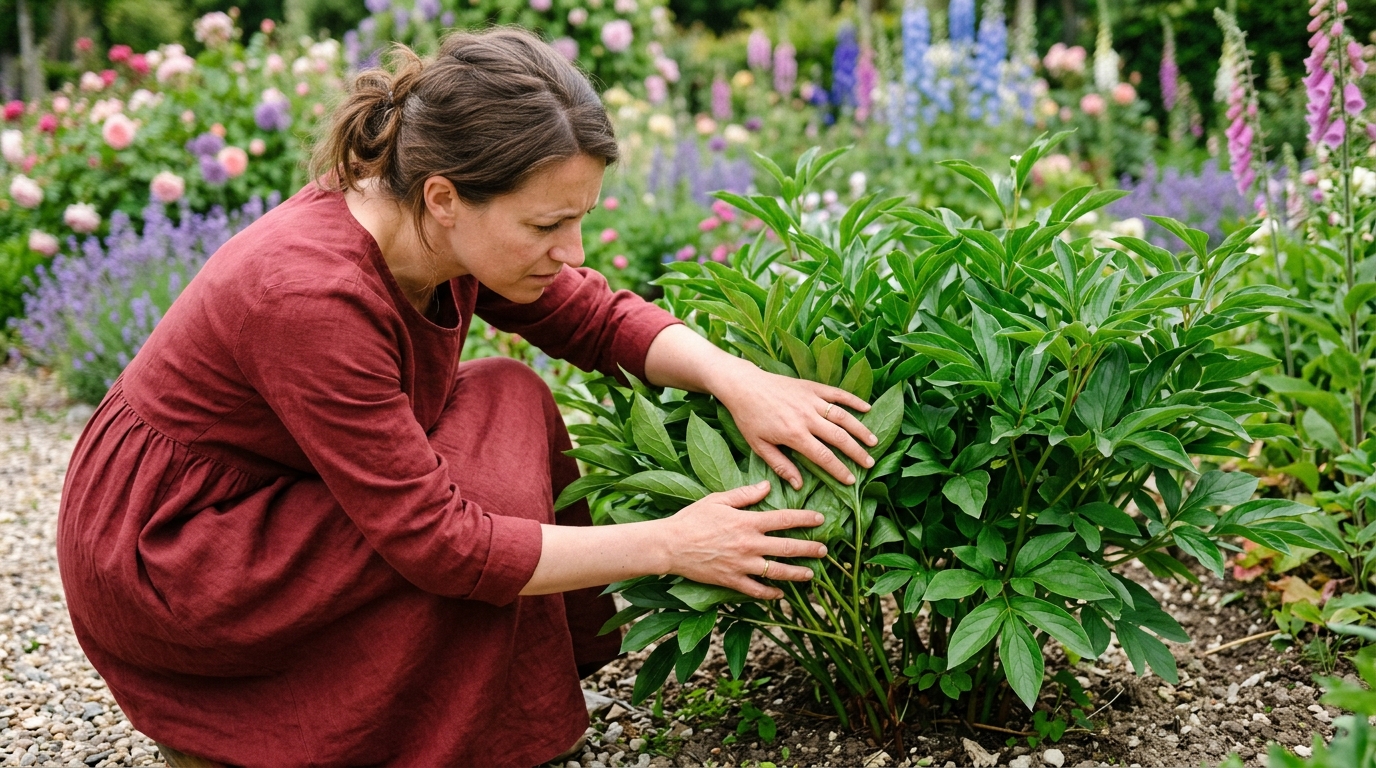 Grattez doucement la terre au pied de votre pivoine qui ne fleurit plus et regardez où sont les bourgeons roses : c’est le test que les pépiniéristes font en premier, avant les gelées
